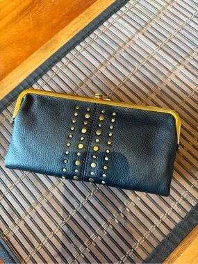 HOBO Lauren Black Leather Wallet with Gold Stud Frame